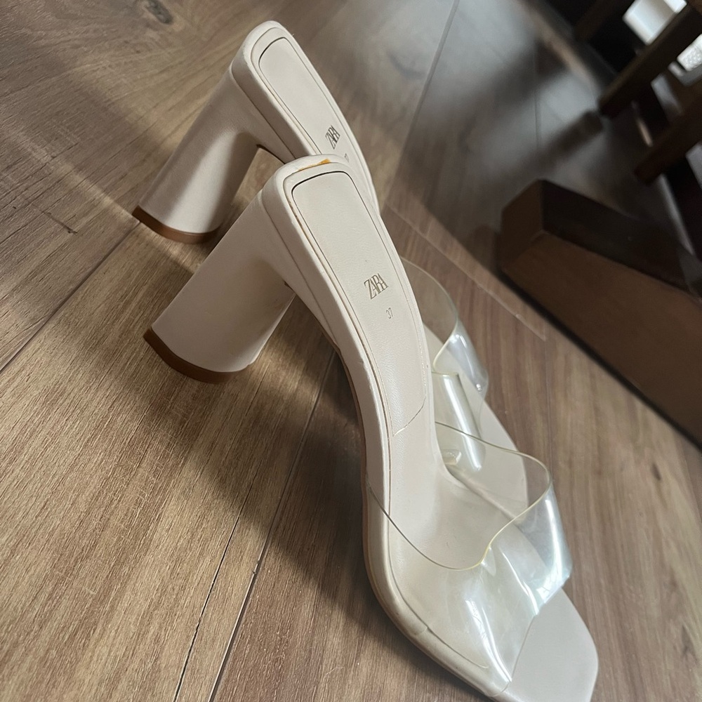 Zara nude/clear  square to low block slide heels